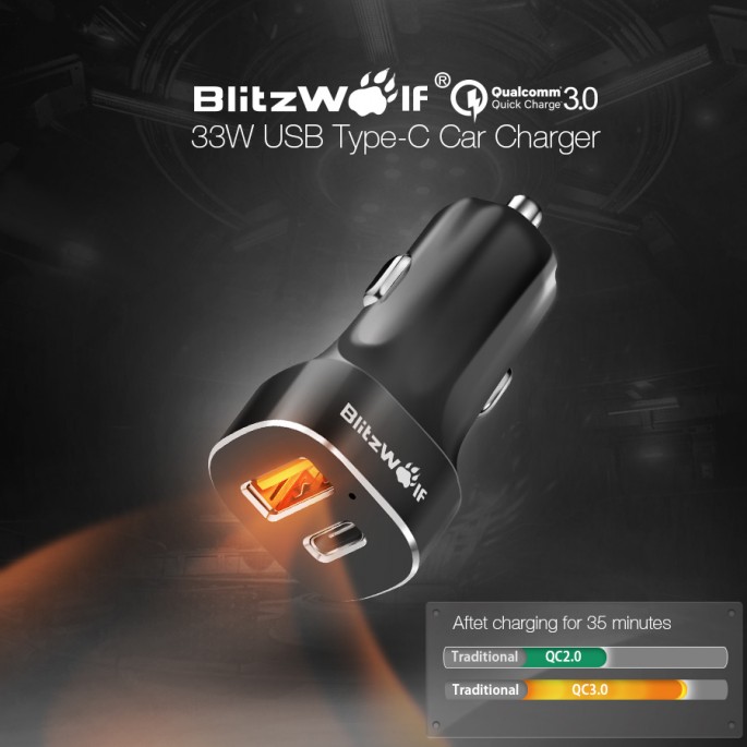 Автомобильное зарядное устройство BlitzWolf BW-C8 с QC 3.0 33W + кабель USB