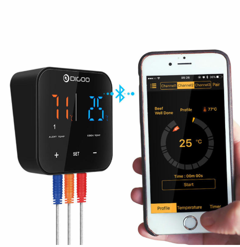 Автономный кухонный термометр Digoo DG FT2303  2шт., трехканальный, Smart Bluetooth, сегментный дисплей,сенсорные кнопки, для барбекю и не только.